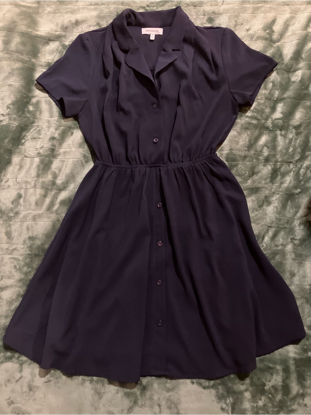 Monteau Navy Short Sleeve Button-Front Dress